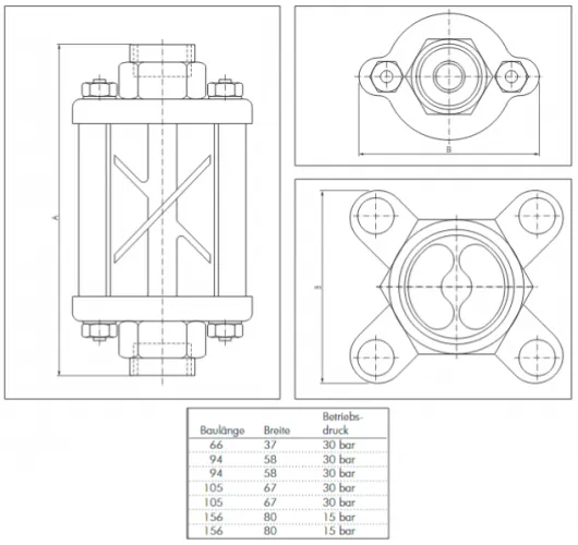 Zeichnung Robuste Flügelrad-Durchflussanzeige aus Messing mit Sichtglas und Flügelrad im Inneren (PN 30)